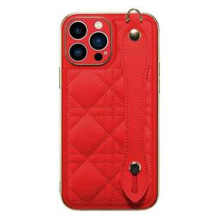 D03 Grid PU Electroplated Phone Case with Wrist Strap For iPhone 13 Pro Max(Red)
