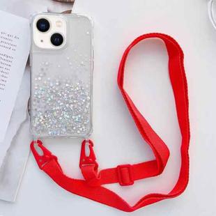 For iPhone 14 Lanyard Glitter Epoxy Clear Phone Case (Red)