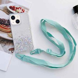 For iPhone 14 Lanyard Glitter Epoxy Clear Phone Case (Blue)