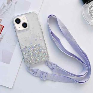 For iPhone 14 Lanyard Glitter Epoxy Clear Phone Case (Purple)