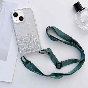 For iPhone 14 Plus Lanyard Glitter Epoxy Clear Phone Case (Dark Green)