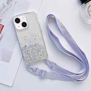 For iPhone 14 Plus Lanyard Glitter Epoxy Clear Phone Case (Purple)