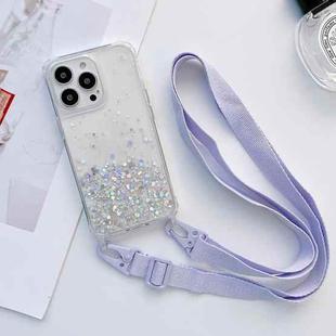 For iPhone 14 Pro Lanyard Glitter Epoxy Clear Phone Case(Purple)