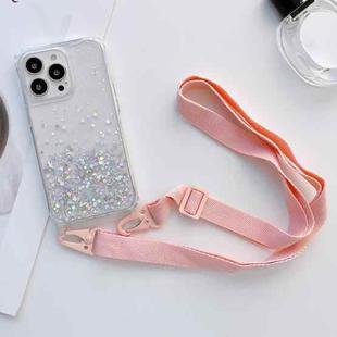 For iPhone 14 Pro Max Lanyard Glitter Epoxy Clear Phone Case (Pink)