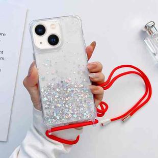 For iPhone 14 Lanyard Glitter Epoxy Clear Phone Case (Red)