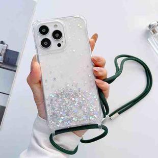 For iPhone 13 mini Lanyard Glitter Epoxy Clear Phone Case (Dark Green)