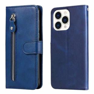 For iPhone 14 Pro Max Fashion Calf Texture Zipper Horizontal Flip Leather Phone Case (Blue)