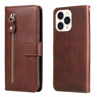 For iPhone 14 Pro Max Fashion Calf Texture Zipper Horizontal Flip Leather Phone Case (Brown)
