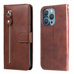 For iPhone 14 Pro Fashion Calf Texture Zipper Horizontal Flip Leather Phone Case(Brown)