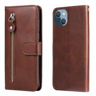 For iPhone 14 Plus Fashion Calf Texture Zipper Horizontal Flip Leather Phone Case (Brown)