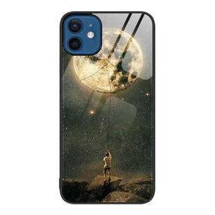 For iPhone 12 / 12 Pro Colorful Painted Glass Phone Case(Moon)