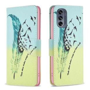 For Motorola Moto G62 Colored Drawing Pattern Leather Phone Case(Feather)