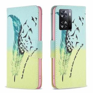 For OPPO A57 4G Colored Drawing Pattern Leather Phone Case(Feather)