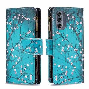 For Motorola Moto G62 Colored Drawing Pattern Zipper Leather Phone Case(Plum Blossom)