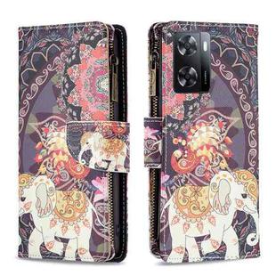 For OPPO A57 4G Colored Drawing Pattern Zipper Leather Phone Case(Flower Elephants)