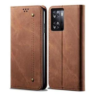 For Realme V23 / Narzo 50 / Oppo A77 5G / A57 4G Denim Texture Casual Style Horizontal Flip Leather Phone Case(Brown)