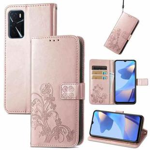 For OPPO A16e Four-leaf Clasp Embossed Buckle Leather Phone Case(Rose Gold)