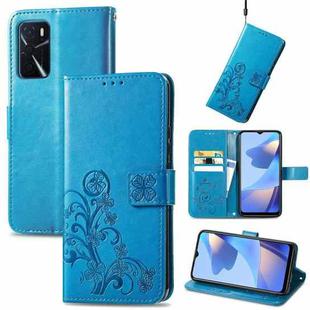 For OPPO A16e Four-leaf Clasp Embossed Buckle Leather Phone Case(Blue)