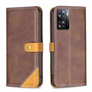 For OPPO A57 4G Color Matching Double Sewing Thread Leather Phone Case(Brown)