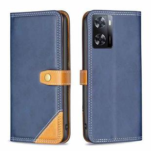 For OPPO A57 4G Color Matching Double Sewing Thread Leather Phone Case(Blue)