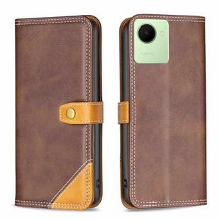 For Realme C30 Color Matching Double Sewing Thread Leather Phone Case(Brown)