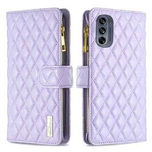 For Motorola Moto G62 Diamond Lattice Zipper Wallet Leather Flip Phone Case(Purple)