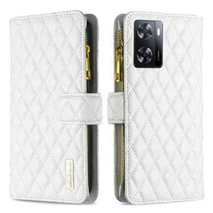 For OPPO A57 4G Diamond Lattice Zipper Wallet Leather Flip Phone Case(White)