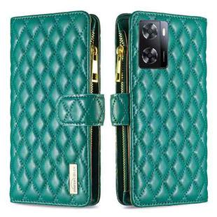 For OPPO A57 4G Diamond Lattice Zipper Wallet Leather Flip Phone Case(Green)