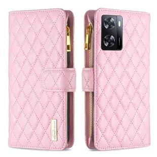 For OPPO A57 4G Diamond Lattice Zipper Wallet Leather Flip Phone Case(Pink)