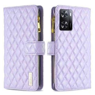For OPPO A57 4G Diamond Lattice Zipper Wallet Leather Flip Phone Case(Purple)