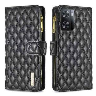 For OPPO A57 4G Diamond Lattice Zipper Wallet Leather Flip Phone Case(Black)