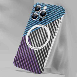 For iPhone 14 Plus Rimless Carbon Fiber Texture MagSafe Magnetic Case (Blue+Silver+Purple)