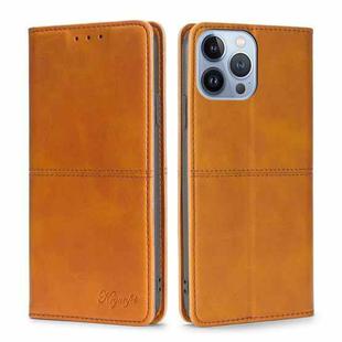 For iPhone 14 Pro Max Cow Texture Magnetic Leather Phone Case (Light Brown)