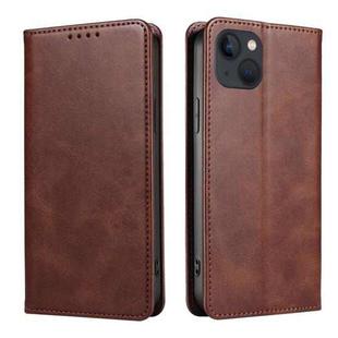 For iPhone 14 Calf Texture Magnetic Flip Leather Phone Case (Brown)