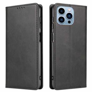 For iPhone 14 Pro Max Calf Texture Magnetic Flip Leather Phone Case (Black)