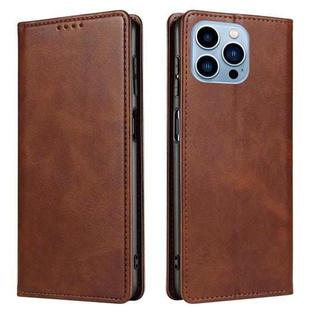 For iPhone 14 Pro Max Calf Texture Magnetic Flip Leather Phone Case (Brown)