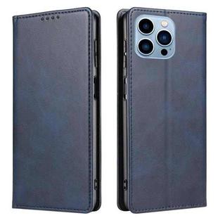 For iPhone 14 Pro Max Calf Texture Magnetic Flip Leather Phone Case (Blue)