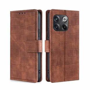 For OnePlus 10T Skin Feel Crocodile Magnetic Clasp Leather Phone Case(Brown)
