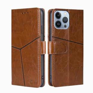 For iPhone 14 Pro Max Geometric Stitching Leather Phone Case (Light Brown)