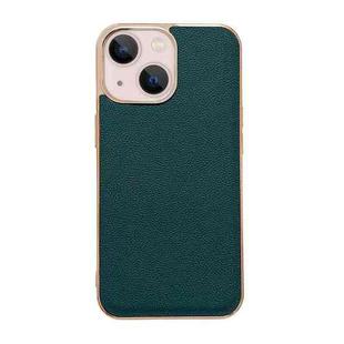 For iPhone 14 Plus Genuine Leather Luolai Series Nano Electroplating Phone Case (Dark Green)