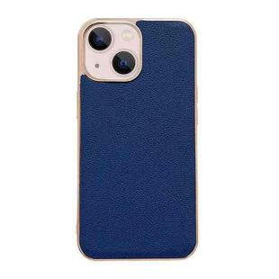 For iPhone 14 Plus Genuine Leather Luolai Series Nano Electroplating Phone Case (Dark Blue)