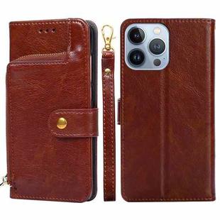 For iPhone 14 Pro Zipper Bag Leather Phone Case(Brown)