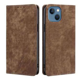 For iPhone 14 Plus RFID Anti-theft Brush Magnetic Leather Phone Case (Brown)