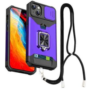 Lanyard Slide Camshield Ring Card Phone Case For iPhone 14(Purple)