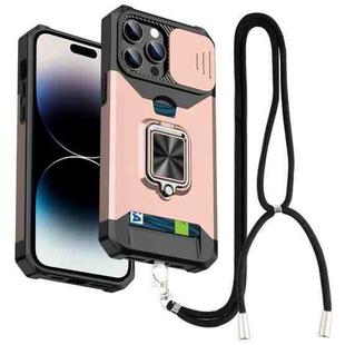 Lanyard Slide Camshield Ring Card Phone Case For iPhone 14 Pro(Rose Gold)