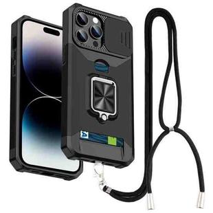 For iPhone 14 Pro Max Lanyard Slide Camshield Ring Card Phone Case (Black)