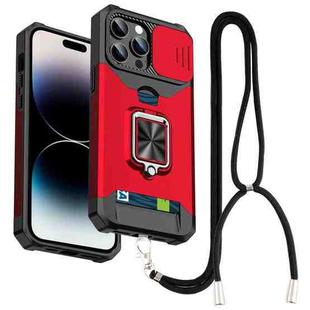 For iPhone 14 Pro Max Lanyard Slide Camshield Ring Card Phone Case (Red)