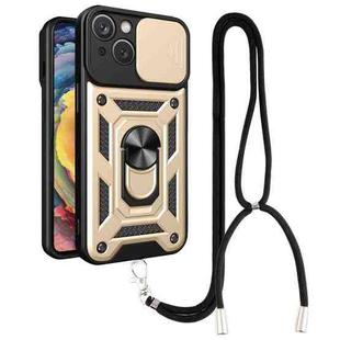 For iPhone 14 Lanyard Slide Camshield Ring Phone Case (Gold)