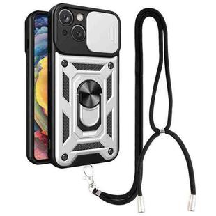 For iPhone 14 Lanyard Slide Camshield Ring Phone Case (Silver)