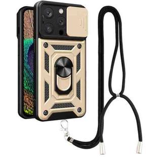 For iPhone 14 Pro Lanyard Slide Camshield Ring Phone Case(Gold)